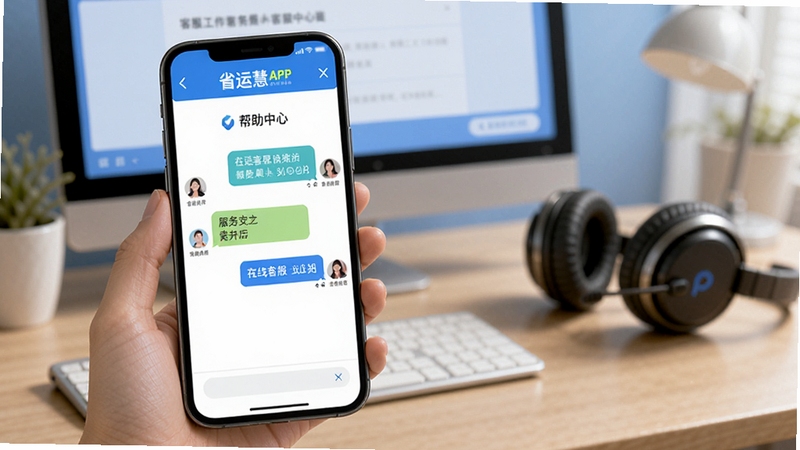 省运慧APP客服中心界面,画面展示手机屏幕中的在线客服聊天窗口和帮助中心页面,背景为客服工作台和耳机,温馨蓝色调,突出服务支持主题,适配Boogu模型生成
