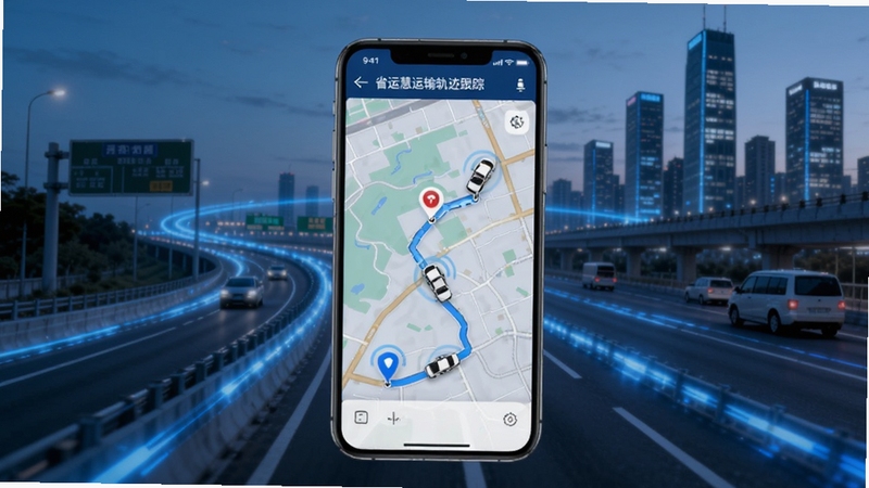 省运慧运输轨迹跟踪界面,画面中心为手机屏幕显示地图轨迹和车辆图标,背景为高速公路和城市建筑,蓝色科技光效,体现实时定位跟踪功能,适配Boogu模型生成