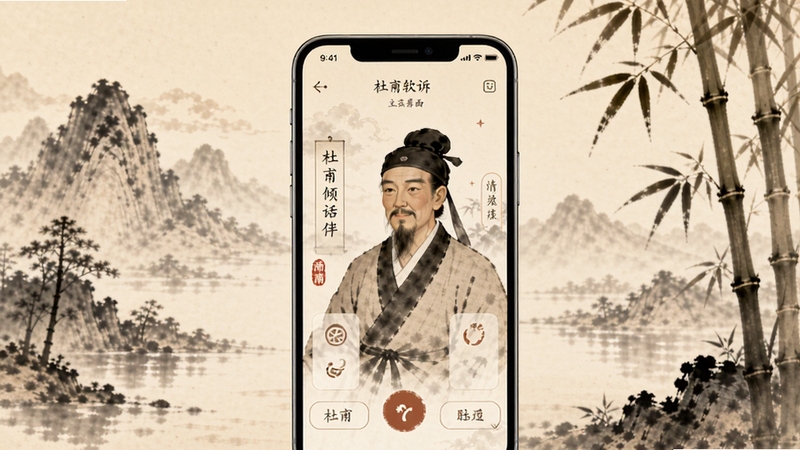 杜甫倾诉软件主界面古风风格展示,画面中央是手机屏幕显示杜甫倾诉应用首页,背景为水墨山水与竹林,色调温暖柔和,突出情感陪伴与传统文化融合