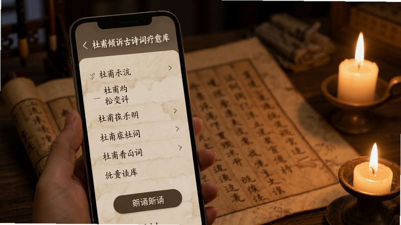 杜甫倾诉古诗词疗愈库页面,画面展示手机屏幕中杜甫诗句列表与朗诵按钮,背景为古风书卷与烛光,营造静谧阅读氛围