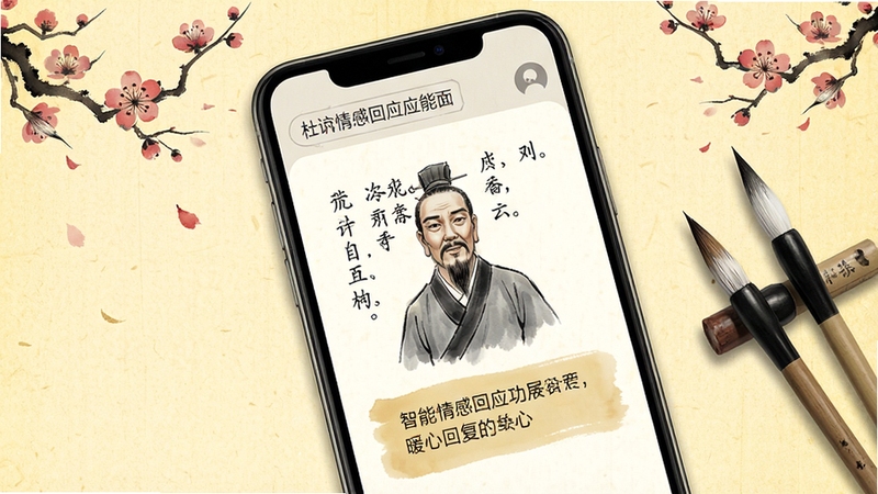 杜甫倾诉智能情感回应功能界面,画面展示手机屏幕中用户输入文字后出现杜甫诗句与暖心回复,背景为淡黄色宣纸质感,点缀梅花与毛笔元素