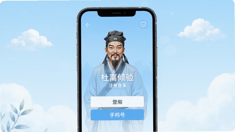 杜甫倾诉注册登录界面,画面展示手机屏幕中匿名体验与手机号登录选项,背景为淡蓝色渐变与云朵元素,风格简洁清新