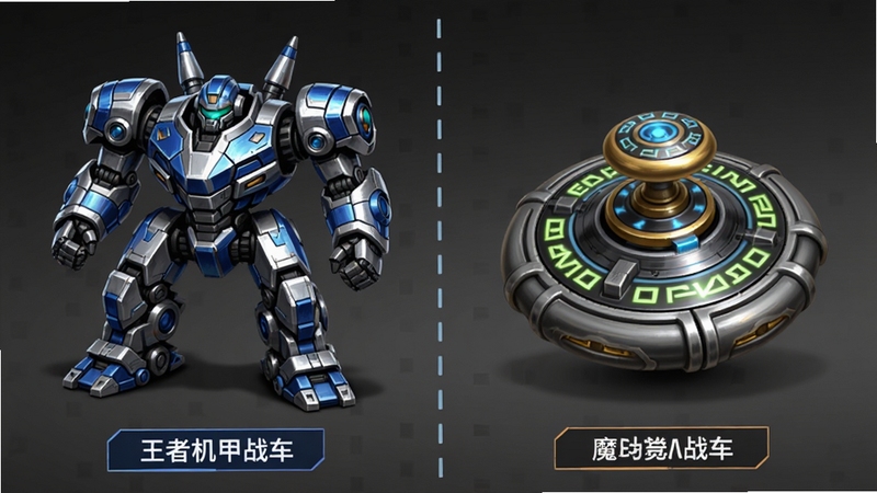 王者机甲战车与魔幻陀螺机甲战车对比示意图,画面左侧为王者机甲战车的蓝银配色科幻战车,右侧为魔幻陀螺风格的陀螺战车,中间用虚线分隔,背景为深灰色渐变,底部有文字标签区分,整体风格为信息图卡片设计