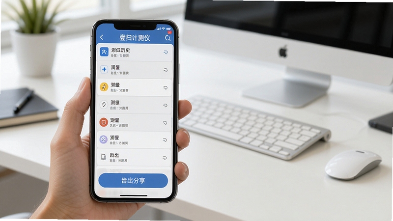 壹扫计测仪数据记录与导出功能界面,手机屏幕显示测量历史列表与导出分享按钮,背景为办公桌面场景,画面整洁有序,适配Boogu模型生成