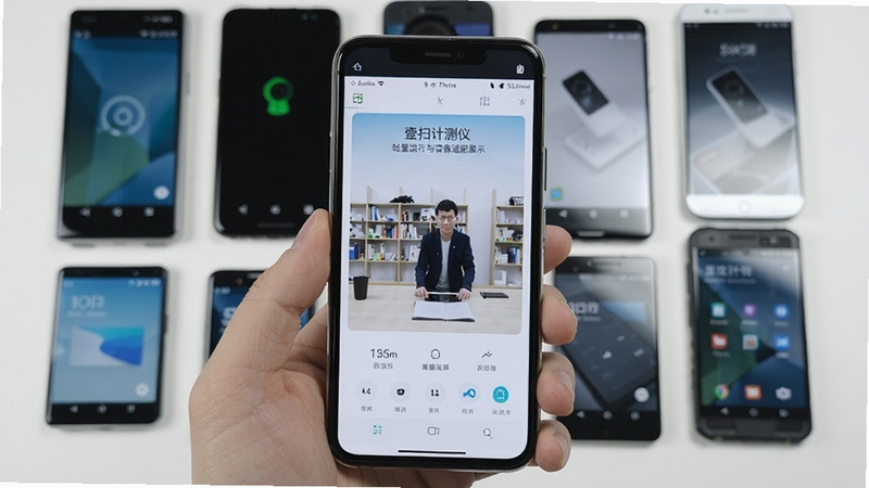 壹扫计测仪轻量运行与设备适配展示,手机屏幕显示软件运行流畅画面,背景为多款不同尺寸安卓手机排列展示,画面简洁科技感,适配Boogu模型生成