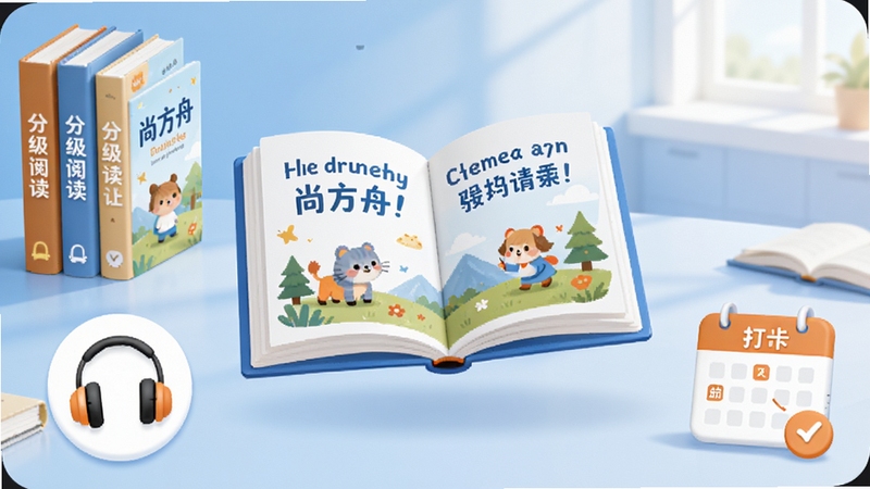 尚方舟英语分级阅读APP界面全景展示,画面中央悬浮一本打开的英文绘本,周围环绕分级读物书脊、耳机图标与打卡日历,背景为浅蓝色渐变书桌场景,柔和自然光,扁平插画风格,细节清晰,主色调蓝白橙,突出尚方舟品牌标识