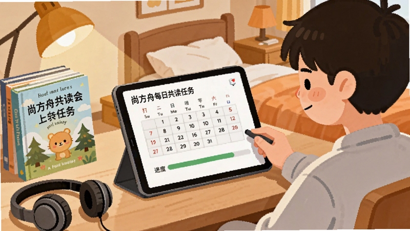 尚方舟共读会学习场景插画,画面中一名学生在书桌前使用平板查看尚方舟每日共读任务,屏幕显示打卡日历与进度条,旁边放着英文绘本和耳机,背景为温馨卧室,暖色调,扁平卡通风格,细节丰富,体现坚持阅读的氛围