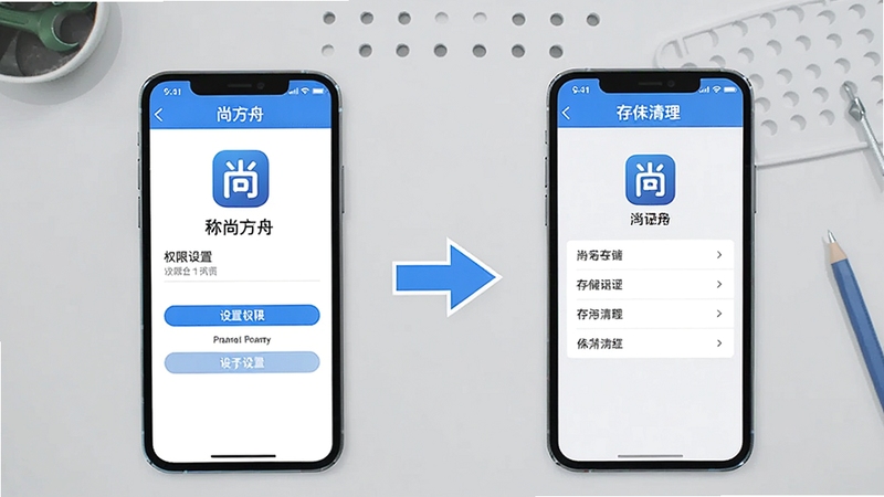 尚方舟APP安装与设置操作示意图,画面展示手机屏幕上的权限设置页面与存储清理界面,旁边有箭头指引,背景为简洁灰色工作台,扁平化设计,蓝白配色,突出尚方舟图标与设置选项