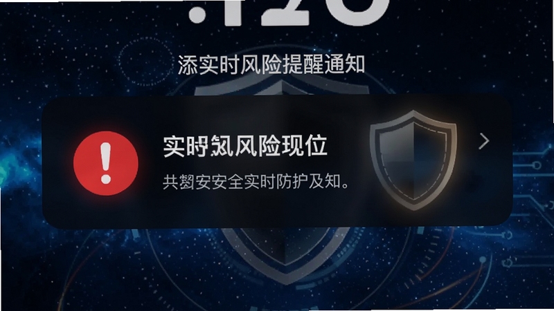 添安实时风险提醒通知界面,手机锁屏状态弹出安全警告横幅,红色感叹号图标醒目,背景为深色星空与盾牌光晕,画面具有警示感与科技感,突出实时防护的及时性