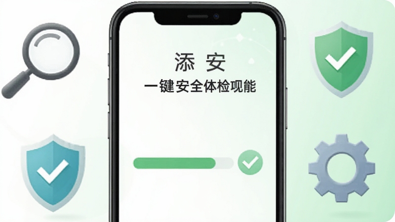 添安一键安全体检功能界面,手机屏幕显示扫描进度条与绿色对勾图标,周围环绕放大镜、盾牌、齿轮等元素,背景为白色与浅绿色渐变,画面简洁明快,突出检测完成后的安心感