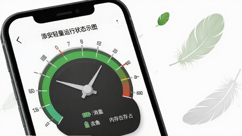 添安轻量运行状态示意图,手机屏幕显示电池与内存占用仪表盘,指针处于绿色安全区域,背景为白色极简风格,配以羽毛与树叶元素象征轻盈,整体传递低消耗与高效能的视觉感受