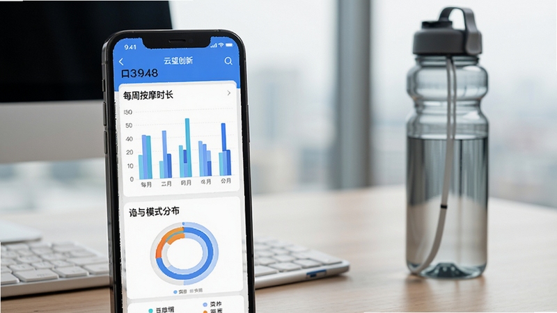 云望创新App运动数据统计页面,手机屏幕展示柱状图与环形图,显示每周按摩时长与模式分布,背景为办公桌与运动水壶,风格简洁专业