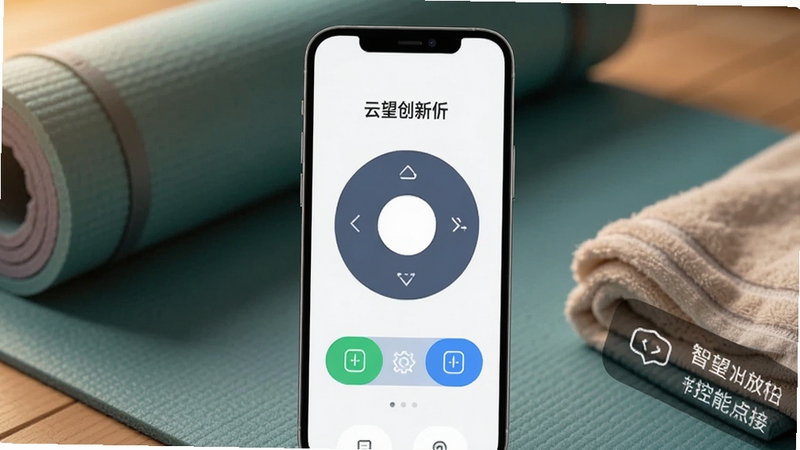 云望创新App设备连接成功后的控制主界面,手机屏幕显示圆形控制盘与模式选择按钮,背景为瑜伽垫与运动毛巾,画面温暖舒适,突出智能放松场景