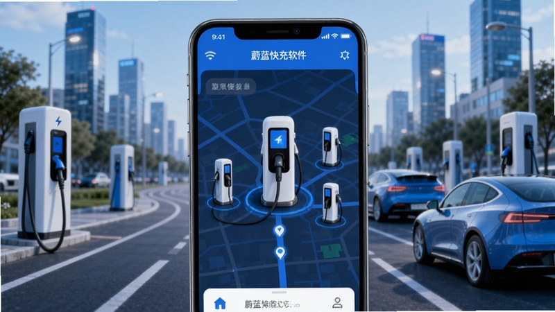 蔚蓝快充软件主界面展示图,画面中央为手机屏幕显示充电桩地图分布,背景为城市道路与新能源汽车,整体色调以蓝色和白色为主,体现科技感与便捷性