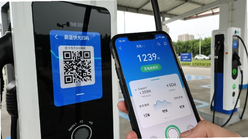 蔚蓝快充扫码充电操作界面截图,画面展示手机摄像头对准充电桩二维码,屏幕显示充电启动成功与实时数据面板,背景为充电站场景