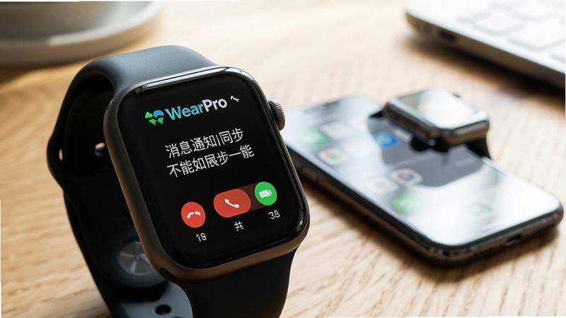 WearPro消息通知同步功能展示,画面主体为智能手表屏幕显示来电提醒界面,背景区域为手机与手表并排摆放的桌面场景,光线明亮自然,突出便捷提醒功能