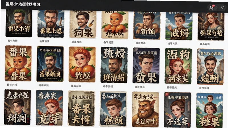 番果小说阅读器书城界面展示海量小说封面排列整齐的扁平化插图