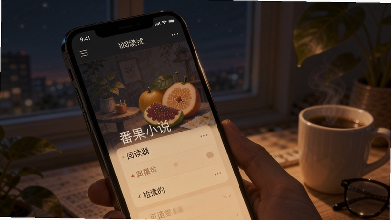 番果小说阅读器夜间模式阅读界面手机屏幕发出柔和暖光氛围感插图