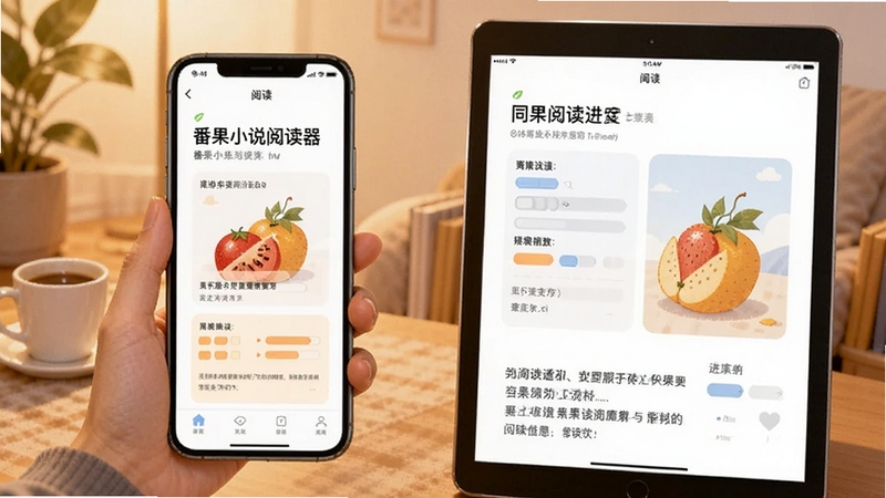 番果小说阅读器在手机与平板双设备上同步阅读进度的场景插画