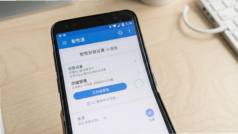 智悦通安装设置操作示意图,画面展示一部安卓手机屏幕,屏幕上显示权限设置与存储管理界面,背景为干净的浅色桌面区域,风格写实清晰,适配Boogu模型生成