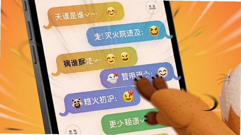 狸是谁 实时话题互动场景 展示手机屏幕内多个彩色聊天气泡交错排列 气泡内有文字和表情符号 背景为暖橙色渐变 一只卡通狐狸爪子正在点击屏幕 动感十足 适合Boogu模型生成