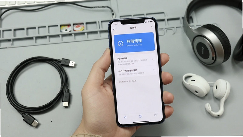狸是谁 手机安装设置操作示意图 画面展示一只手拿着智能手机 屏幕上显示权限设置和存储清理界面 背景为简洁的浅灰色工作台 旁边有数据线和耳机点缀 生活化场景 适合Boogu模型生成