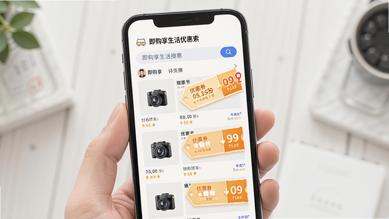 即购享生活优惠搜索界面展示,手机屏幕中呈现商品列表与优惠券标签,背景为浅色简约风格,突出省钱主题