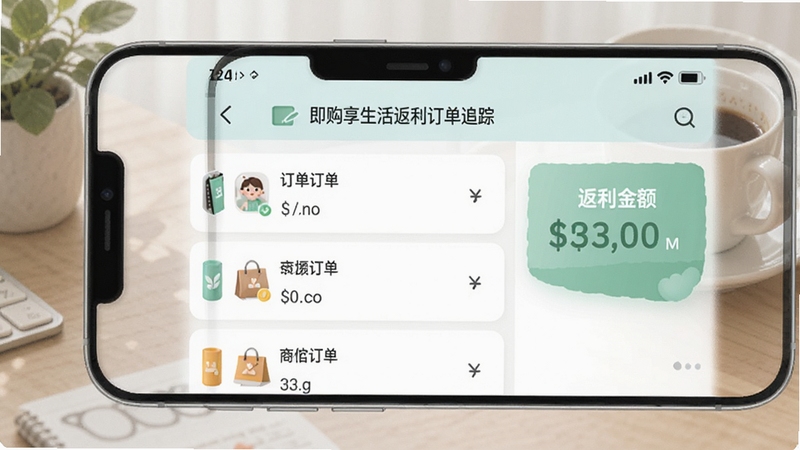 即购享生活返利订单追踪页面,手机界面显示订单列表与返利金额,整体色调柔和清新,体现便捷管理