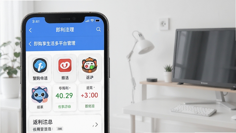 即购享生活多平台账号管理界面,手机屏幕展示多个平台图标与返利汇总数据,背景干净整洁