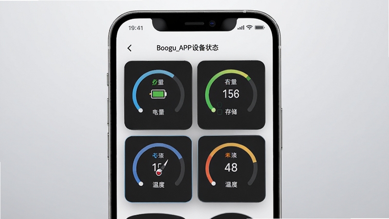 APP_Operating 主界面展示设备状态面板,手机屏幕居中,背景为浅灰色渐变,屏幕内显示电量、存储、温度等圆形仪表盘,整体风格简洁现代,适配 Boogu 模型生成