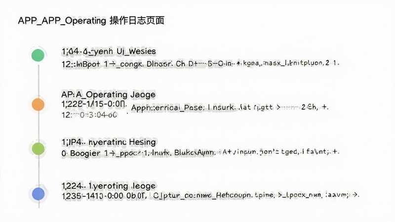 APP_Operating 操作日志页面,时间线垂直排列,每条记录左侧有彩色圆点标识,背景为白色,字体清晰,整体排版舒朗,适配 Boogu 模型生成