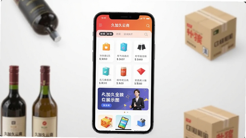 软件全貌展示图,画面中央为一部智能手机,屏幕显示久加久云商APP的首页界面,包含商品分类图标和促销横幅,背景为简洁的浅灰色渐变,手机周围环绕着酒瓶、纸箱等元素,整体风格商务清爽,适配Boogu模型生成