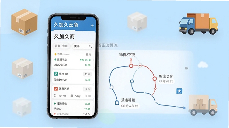 久加久云商订单管理界面展示,手机屏幕显示订单列表和物流轨迹,背景为浅蓝色调,搭配纸箱和货车图标,突出物流追踪功能