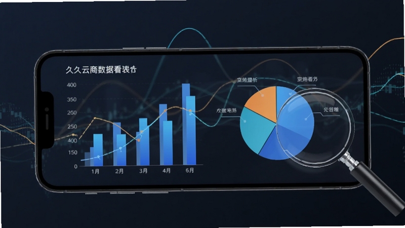久加久云商数据看板展示,手机屏幕显示柱状图和饼图,背景为深色商务风格,搭配数据线条和放大镜元素,突出数据分析功能