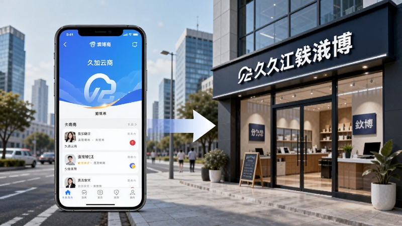 久加久云商与酒博汇线上线下联动场景图,画面左侧为手机显示云商APP界面,右侧为实体门店外观,中间用箭头连接,背景为城市街景,色调明亮商务