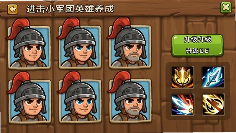 进击小军团英雄养成界面展示,画面中出现多位卡通小兵英雄头像排列,右侧显示升级按钮和技能图标,背景是木质面板风格,UI简洁清晰