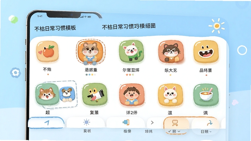 不枯日常习惯模板选择界面,手机屏幕展示多种图标和分类标签,背景为淡蓝色渐变,画面风格活泼明快,突出模板多样性和操作便捷性