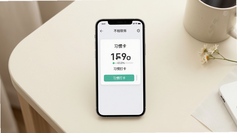 不枯日常软件主界面清爽打卡卡片展示,手机屏幕居中放置,背景为柔和米白色桌面环境,画面风格简约清新,突出习惯打卡按钮和进度条细节