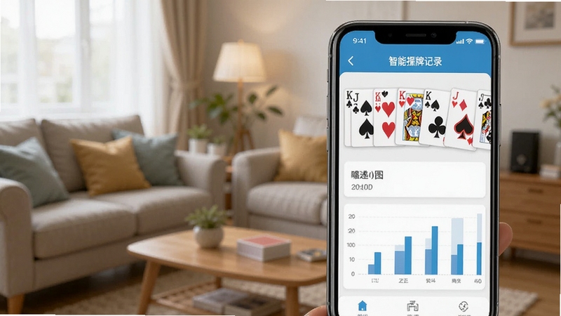 AI捋牌助手软件界面截图,画面主体为手机屏幕显示智能捋牌记录面板,面板上有扑克牌排列和统计图表,背景虚化展示客厅休闲场景,光线明亮柔和,突出软件功能细节
