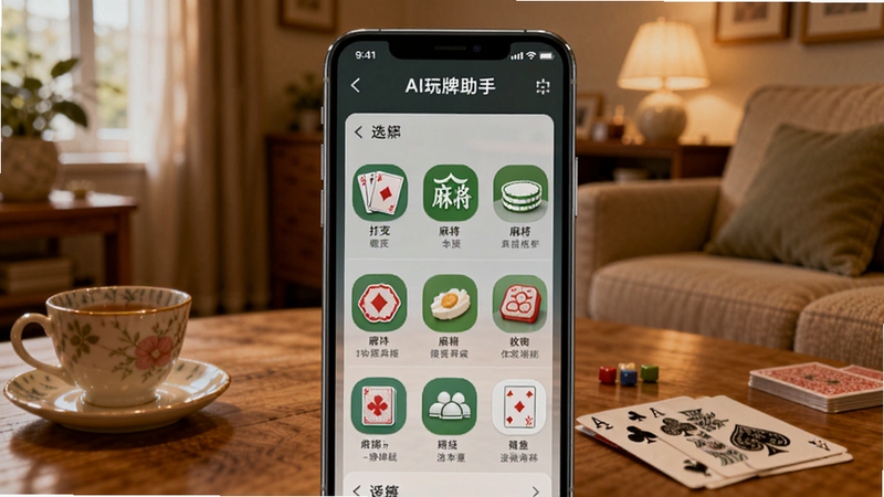 AI捋牌助手多玩法适配界面,画面中心是手机屏幕展示模式选择列表,包含扑克、麻将等图标,背景为温馨的家庭娱乐室,桌上有茶杯和纸牌,整体色调温暖舒适