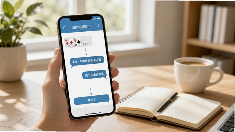 AI捋牌助手用户问答场景图,画面展示手机屏幕上的问答界面和操作指引,背景是明亮的书房,桌上放着笔记本和咖啡,整体风格清新自然,适合作为文章结尾配图