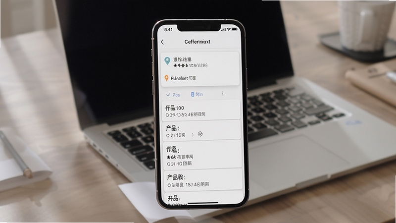 一部手机展示测库客户端任务列表页面,任务卡片上有地址、时间、产品名称等信息,背景是办公桌和笔记本电脑,画面干净简洁,突出任务管理功能