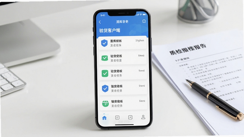 画面中央是一部智能手机,屏幕上显示测库客户端的验货任务列表界面,背景是简洁的办公室桌面,旁边放着质检报告和一支笔,整体色调明亮专业,突出移动办公场景