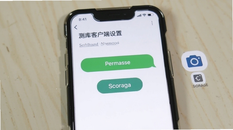 手机屏幕显示测库客户端的权限设置界面,旁边有相机图标和存储图标,背景是浅色桌面,画面简洁明了,重点突出权限授予步骤