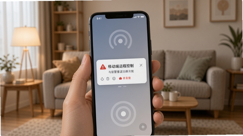 Easy7移动端远程控制与报警推送功能展示图,画面中一只手拿着手机,手机屏幕上弹出报警通知卡片,背景是家庭客厅环境,光线柔和,突出移动端便捷操作的特点,适合Boogu模型生成
