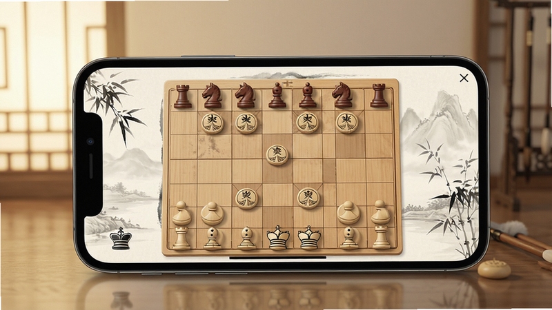 日常棋法练习象棋 软件主界面 棋盘与棋子布局 简洁中国风设计 手机屏幕展示 柔和光线