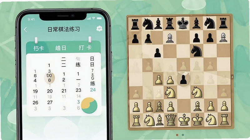 日常棋法练习象棋 每日一练界面 日历打卡与棋盘题目结合 清新配色 手机应用界面展示