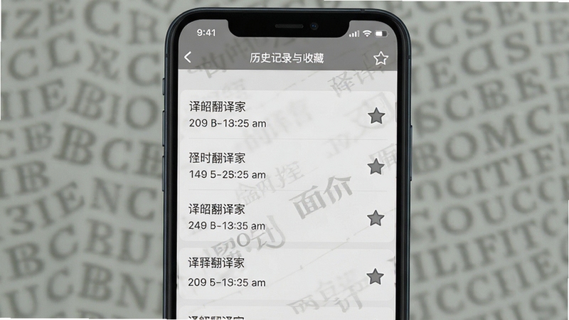 译劭翻译家 历史记录与收藏界面 手机屏幕显示翻译条目列表 背景为浅灰色 条目带有时间标签与收藏图标 整体布局整洁有序