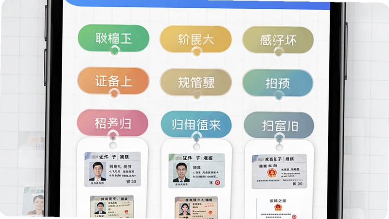 个人证件电子通多类型证件归档功能界面预览图,画面展示手机屏幕内多个彩色标签分类整齐排列,每个标签下挂载不同证件缩略图,背景为淡灰色网格纹理,突出分类管理的条理性与视觉清爽感