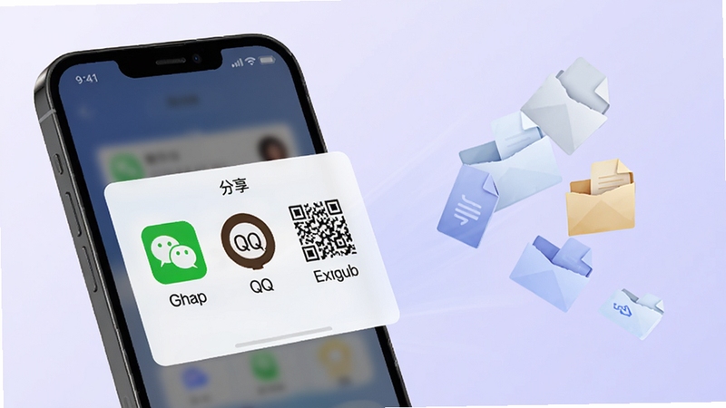 个人证件电子通快速导出与分享功能展示图,画面中手机屏幕弹出分享面板,包含微信、QQ、二维码图标,屏幕边缘有文件飞出动画效果,背景为浅紫色渐变,整体传达便捷流转的视觉感受